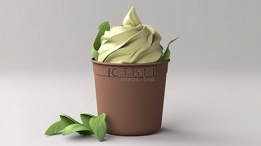 白色纸杯样机背景图片_白色背景上带有巧克力绿茶冰淇淋的独立软冰杯的卡通风格 3D 渲染