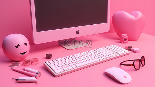 手机聊天背景图片_3D 渲染计算机桌面中粉红色背景上的聊天键盘表情符号通知