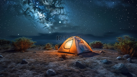 露营出发前准备背景图片_星夜露营 3D 渲染的帐篷在发光的天空下