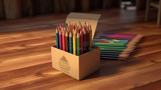 木质背景 3D 渲染，集合盒中超大纸板铅笔的集合