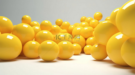 在 3D 渲染和插图中带有飞行黄色球体的最小概念白色背景
