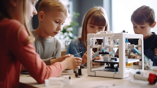 孩子们在学校工程课上合作建造机器人并使用 3D 打印机，并有文本空间