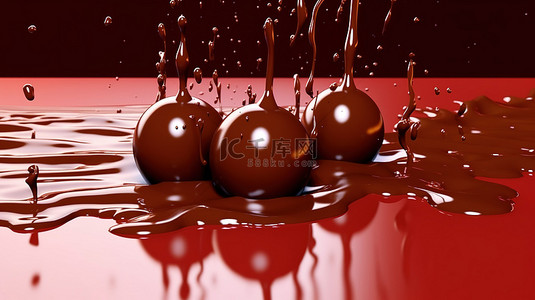 血液背景图片_在 3d 中将巧克力滴溅到孤立的棕色巧克力背景上