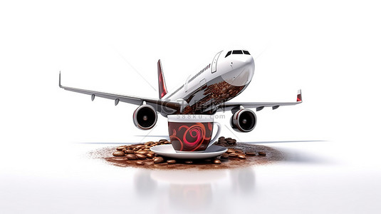 旅行白色背景图片_一架新的黎明起飞了带有咖啡杯发动机的现代飞机，在白色背景上以 3D 呈现