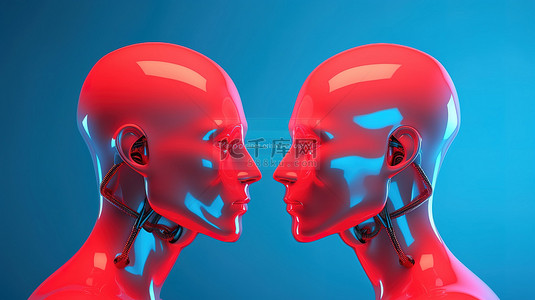 红色背景 3d 渲染中的人工智能两个蓝色头