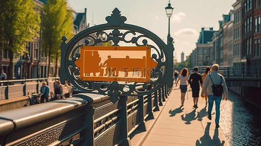 行人背景图片_荷兰阿姆斯特丹的夏日，一座横跨运河的 3D 打印桥梁，上面有荷兰行人警告标志