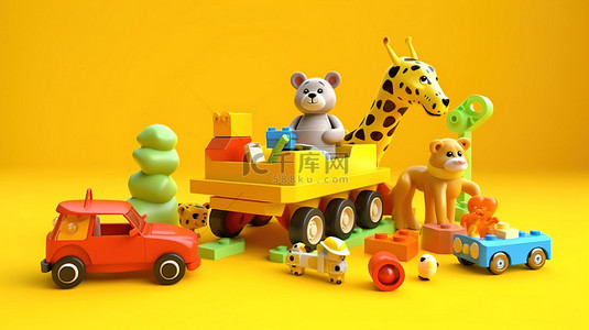 彩色长方形盒子背景图片_充满活力的黄色背景下适合儿童发展的 3D 玩具