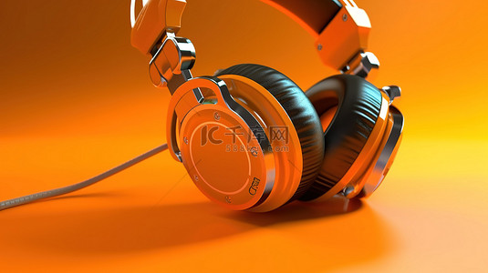 充满活力的橙色工作室 3D 渲染中的时尚单色耳机