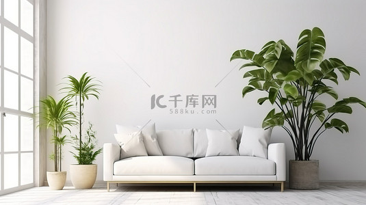 简约绿色植物背景背景图片_现代生活空间，配有简约的 d cor 热带绿色植物和白墙模型 3D 渲染图像
