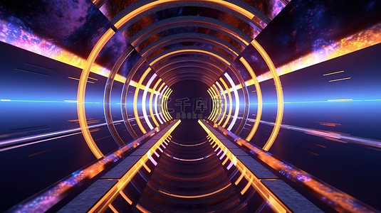 科技喜庆蓝色背景图片_具有抽象霓虹灯反射 3D 渲染的未来科幻隧道