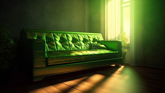 阳光明媚的客厅背景图片_绿色阳光明媚的客厅配有 3D 渲染的绿色沙发