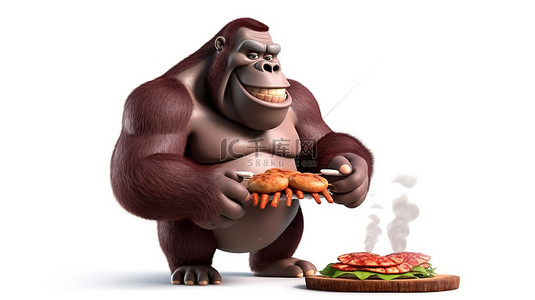 多肉卡通可爱背景图片_厚脸皮的 3D 大猩猩，体重超重，拿着多汁的红肉