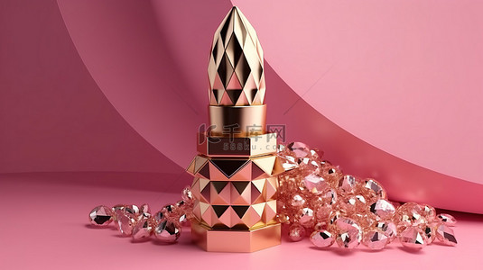 瓷肌蜗牛唇膏背景图片_带有 3d 渲染的金色唇膏和钻石的粉红色展示模型
