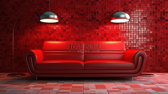 红墙房子背景图片_客厅马赛克红墙红色沙发和3D渲染的灯