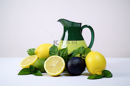星空柠檬茶背景图片_水罐用石灰柠檬和鳄梨叶