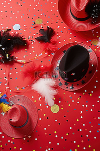 生日派對背景图片_帽子羽毛和派对装饰品位于红色背景上