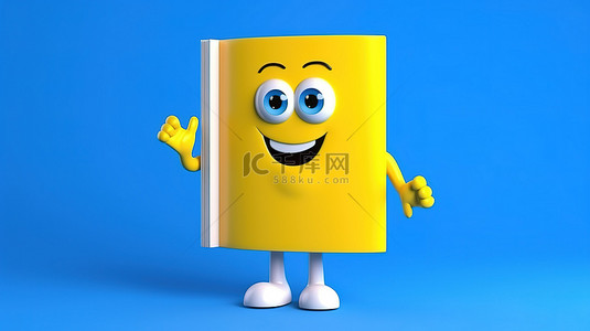 黄色路标背景图片_站在黄色背景上的蓝书人物吉祥物的 3D 渲染，带有白色空白广告架