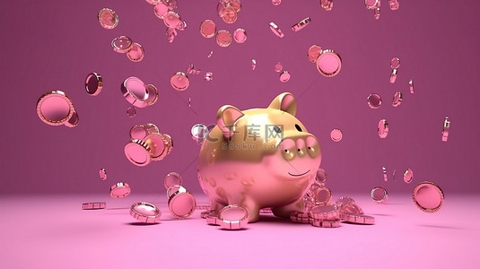 用于储蓄的粉红色 3d 存钱罐上方漂浮金币的概念图像