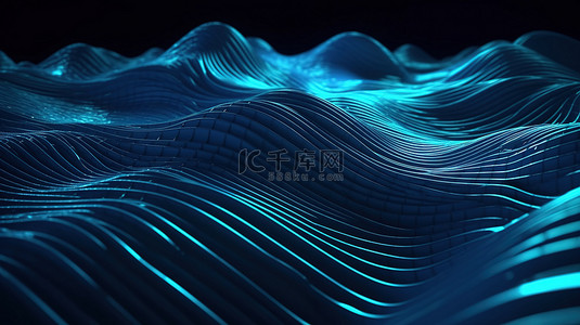 蓝色科技几何形背景图片_类似于波浪交叉线的蓝色发光几何条纹的抽象 3D 插图