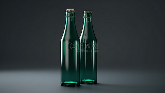 3D 渲染中的一对绿色玻璃啤酒瓶样机模板