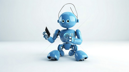 3d 可爱机器人展示白色背景下的蓝色 wi fi 符号