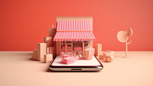 购物网站背景图片_促进在线购物的移动应用程序的 3D 渲染