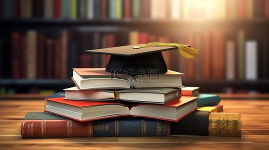 以书籍和毕业帽为特色的 3D 数字教育概念插图