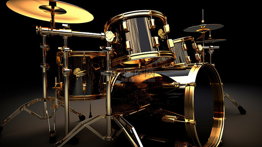 拍鼓背景图片_带有优雅金色装饰的黑色鼓组的时尚 3D 图像