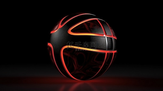 3d 渲染黑色篮球，深色背景上带有红色口音