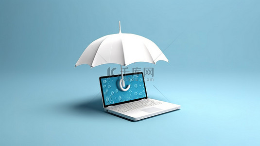 白色雨伞为笔记本电脑 3d 渲染提供阴影