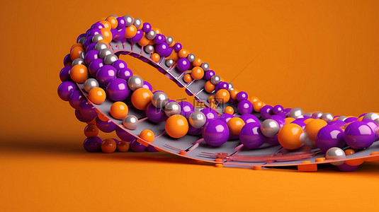 在 3D 渲染的橙色背景上，在彩色球的海洋中充满活力地展示紫色过山车