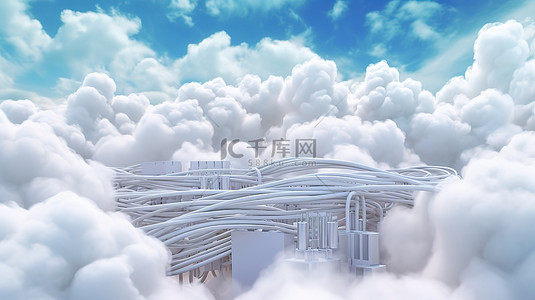 云网络技术与白云和连接电缆的 3D 渲染