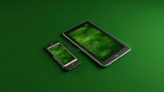 手机绿色背景背景图片_绿色背景与手机和平板电脑的 3D 渲染