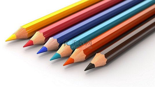 生动的彩色铅笔独立站在白色背景 3D 渲染上