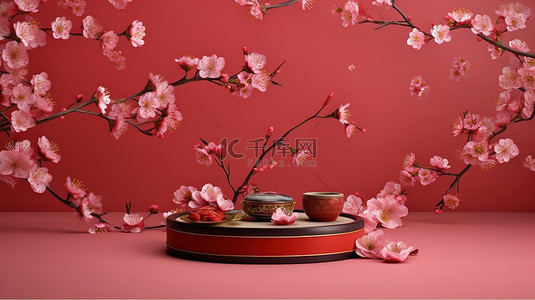 中国风格的樱花和猩红色潘背景，用于在 3D 渲染中展示产品