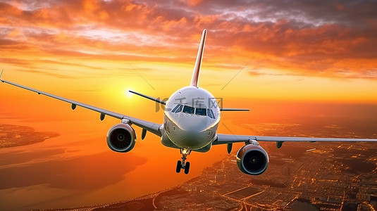 飞行中商用飞机的令人惊叹的日落景观 3D 渲染