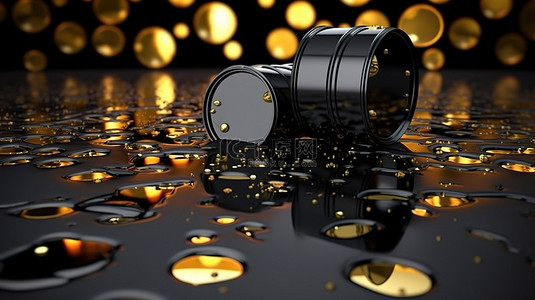 金币和桶中的黑色油滴可交易原油的 3D 插图
