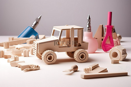 桌面模型中的木制建筑玩具和工艺品