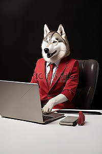 戴红领带的哈士奇狗坐在笔记本电脑旁边
