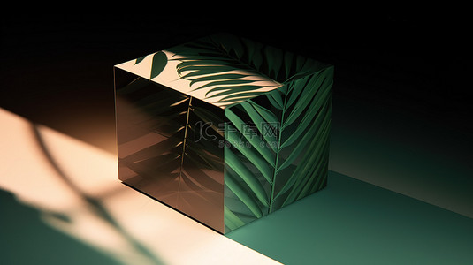 带有热带棕榈叶阴影的四方形立方体 3D 设计