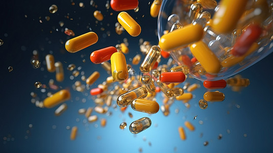 胶囊药物的 3d 渲染落入与药学和健康相关的概念