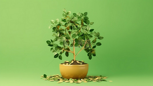 绿色背景，花盆里有金钱树，复制空间用于保存的 3D 渲染符号