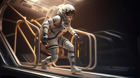 跑步队伍背景图片_未来背景与 3D 渲染宇航员在跑步机上运行