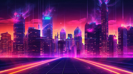 霓虹灯城市中的 3D 渲染摩天大楼，具有合成波太阳和充满活力的紫色闪光