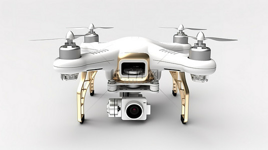 老式相机配备白色四轴飞行器，在白色背景上进行 3D 渲染