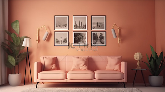 家居房背景图片_卡通风格3D客厅渲染与沙发沙发咖啡桌植物相框和灯装饰