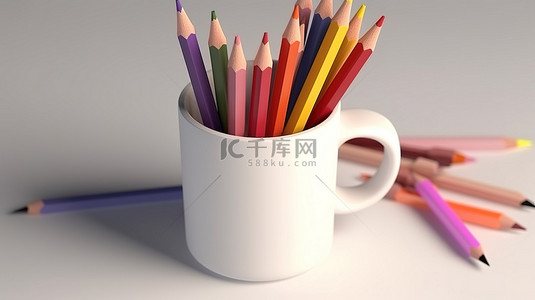 原始背景背景图片_充满活力的铅笔坐落在光滑的白色陶瓷杯中，在原始背景 3D 渲染的衬托下