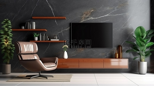 时尚客厅的深色大理石墙上配有扶手椅和植物的电视柜 3D 渲染