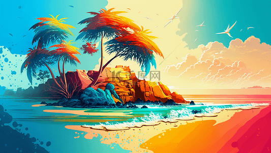 椰子意向背景图片_夏天沙滩椰树抽象艺术插画