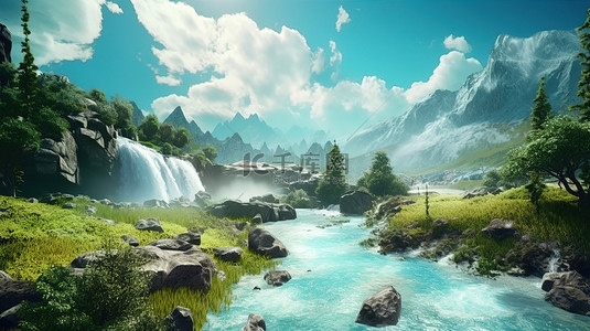 瀑布背景图片_雄伟的山地景观的 3D 插图，有青翠的山谷瀑布和汹涌的水域